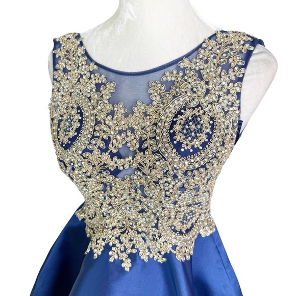 Camille La Vie Embroidered Sequin Formal Prom Pageant Mini Dress Blue Size 00 - Picture 5 of 15